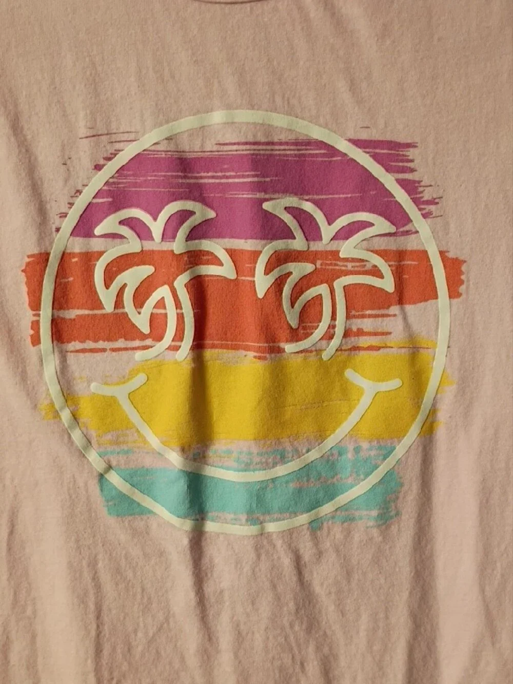 Pink Graphic Tee with Colorful Palm Tree Smile Medium Size 8-10